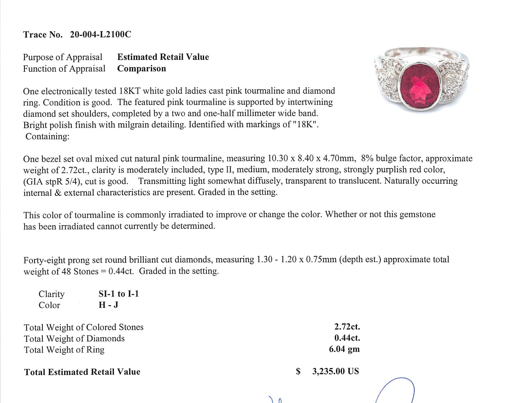 A pink tourmaline and diamond white gold ring appraisal.