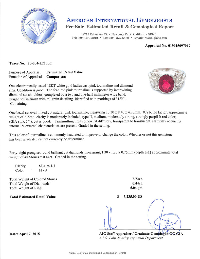 A pink tourmaline and diamond white gold ring appraisal.