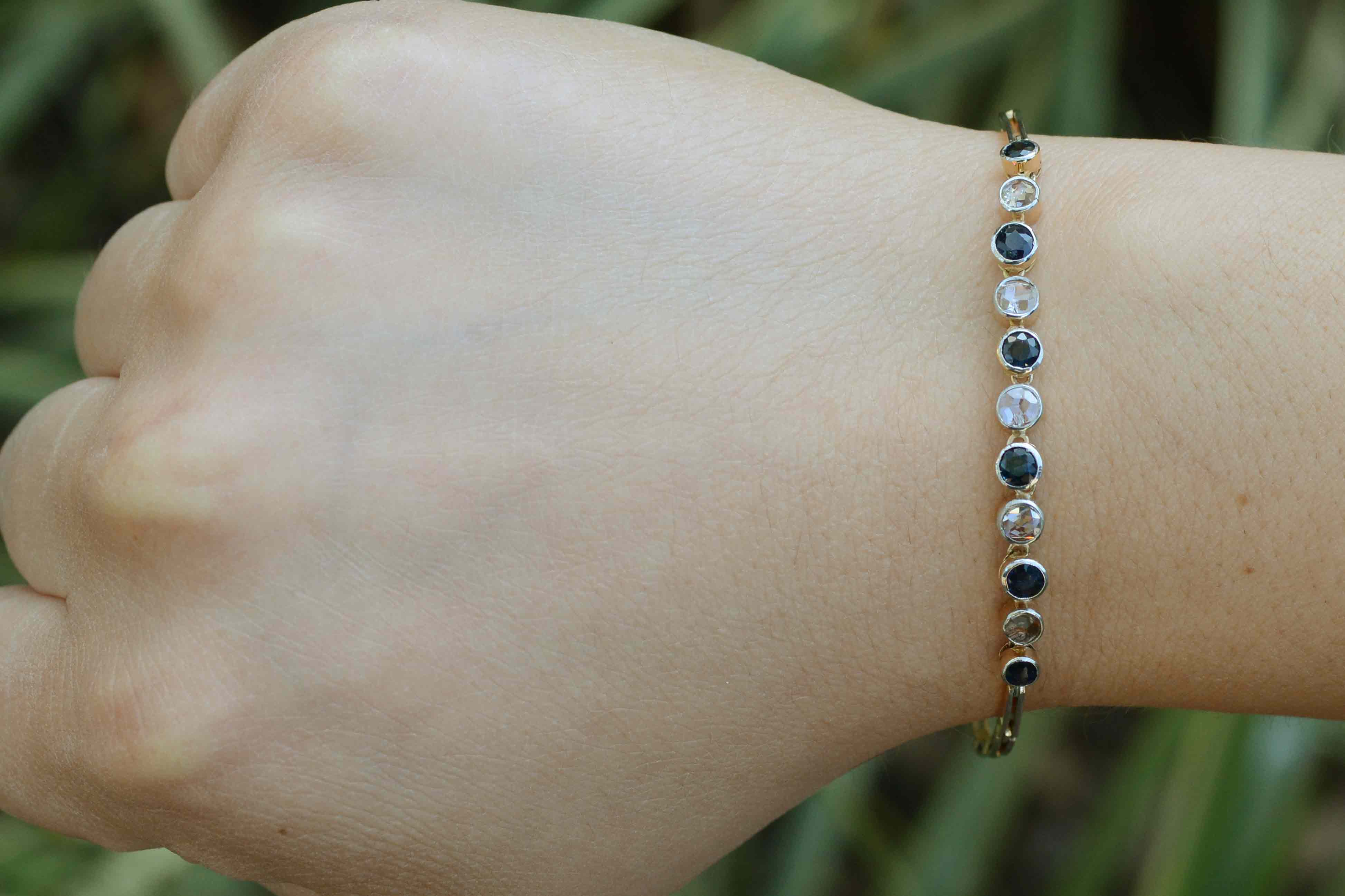 This stunning blue sapphire and diamond antique bracelet fits a 7 inch wrist.