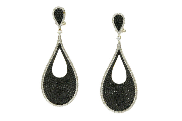 4 carats of black and white diamonds in 18k white gold drop dangle earrings.