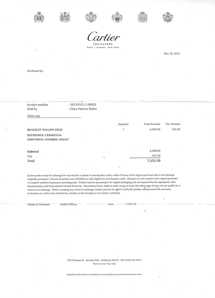An official Cartier love bracelet receipt.