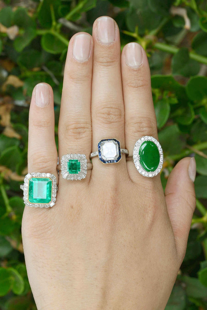 Square natural diamond and gemstone statement rings.