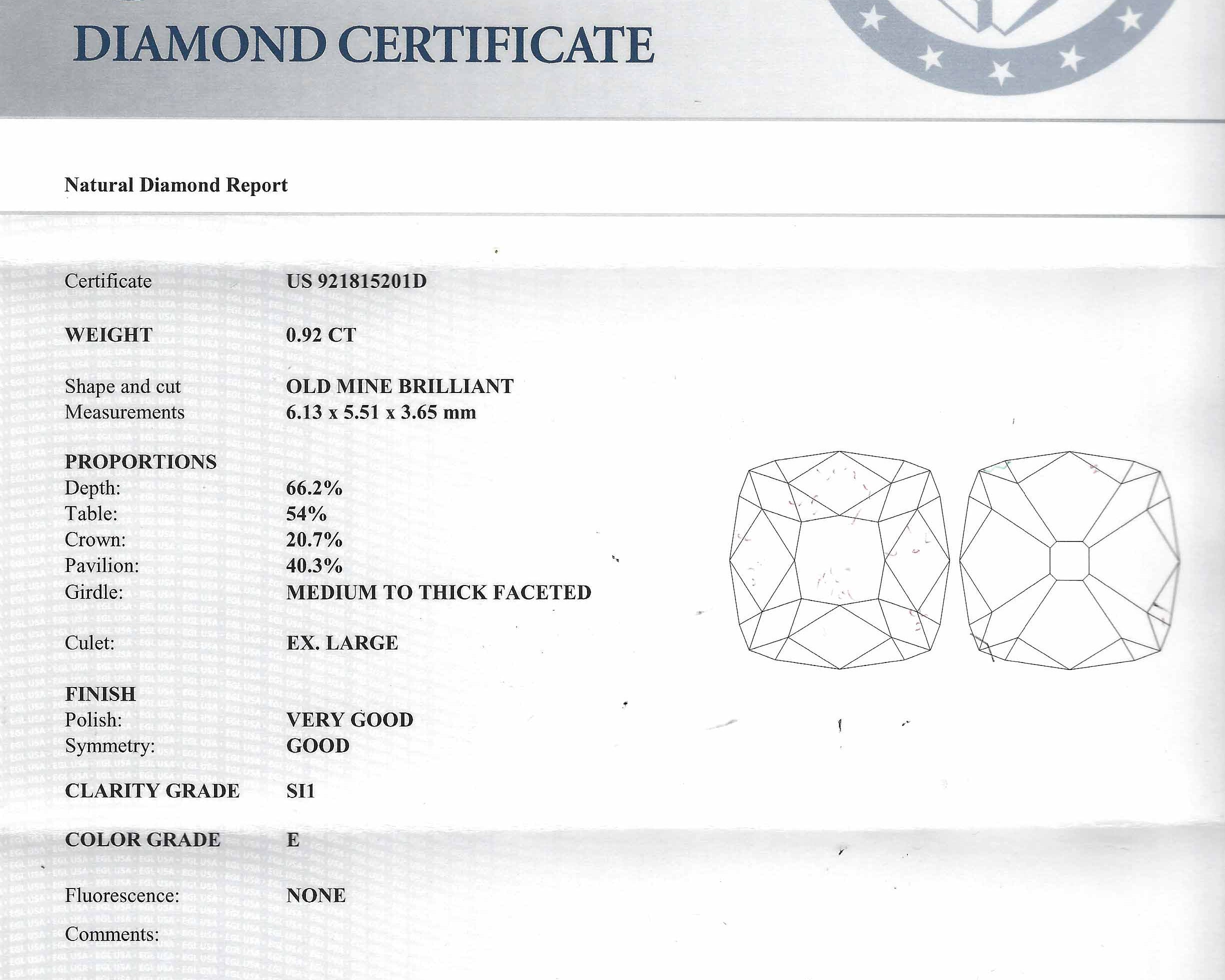 This old diamond measures size 0.92 carats, certified by EGL USA.