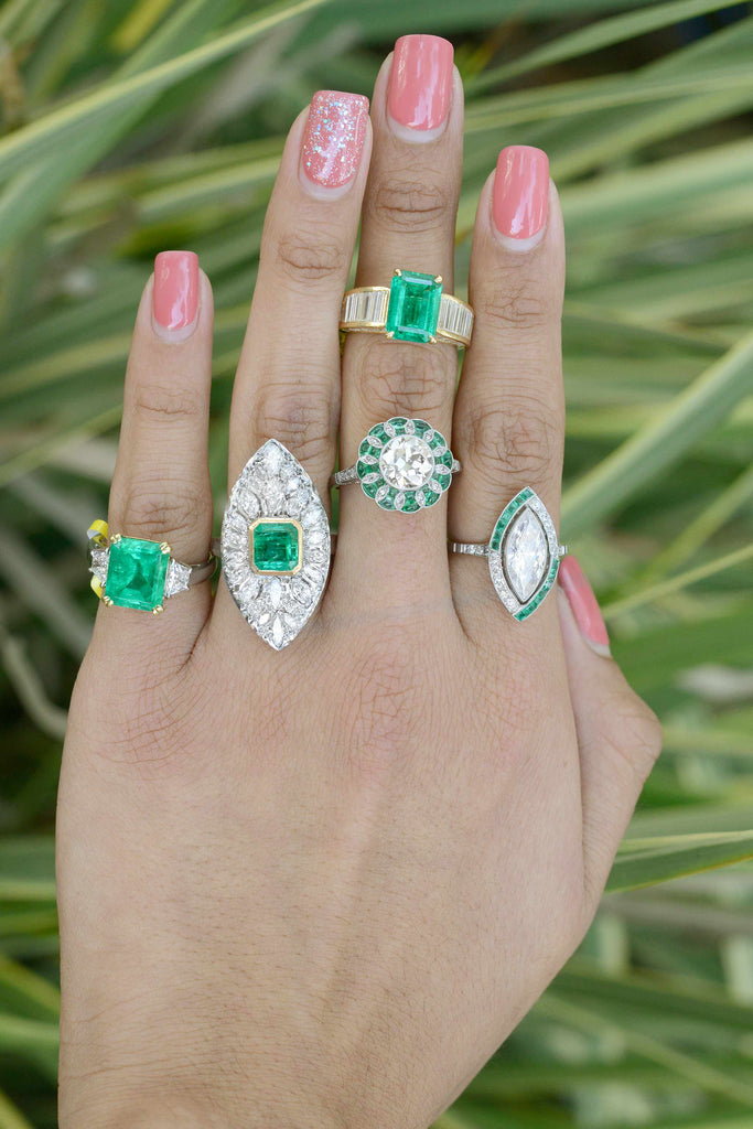 Emerald and diamond rings, we have several examples of fine estate jewelry in-store.