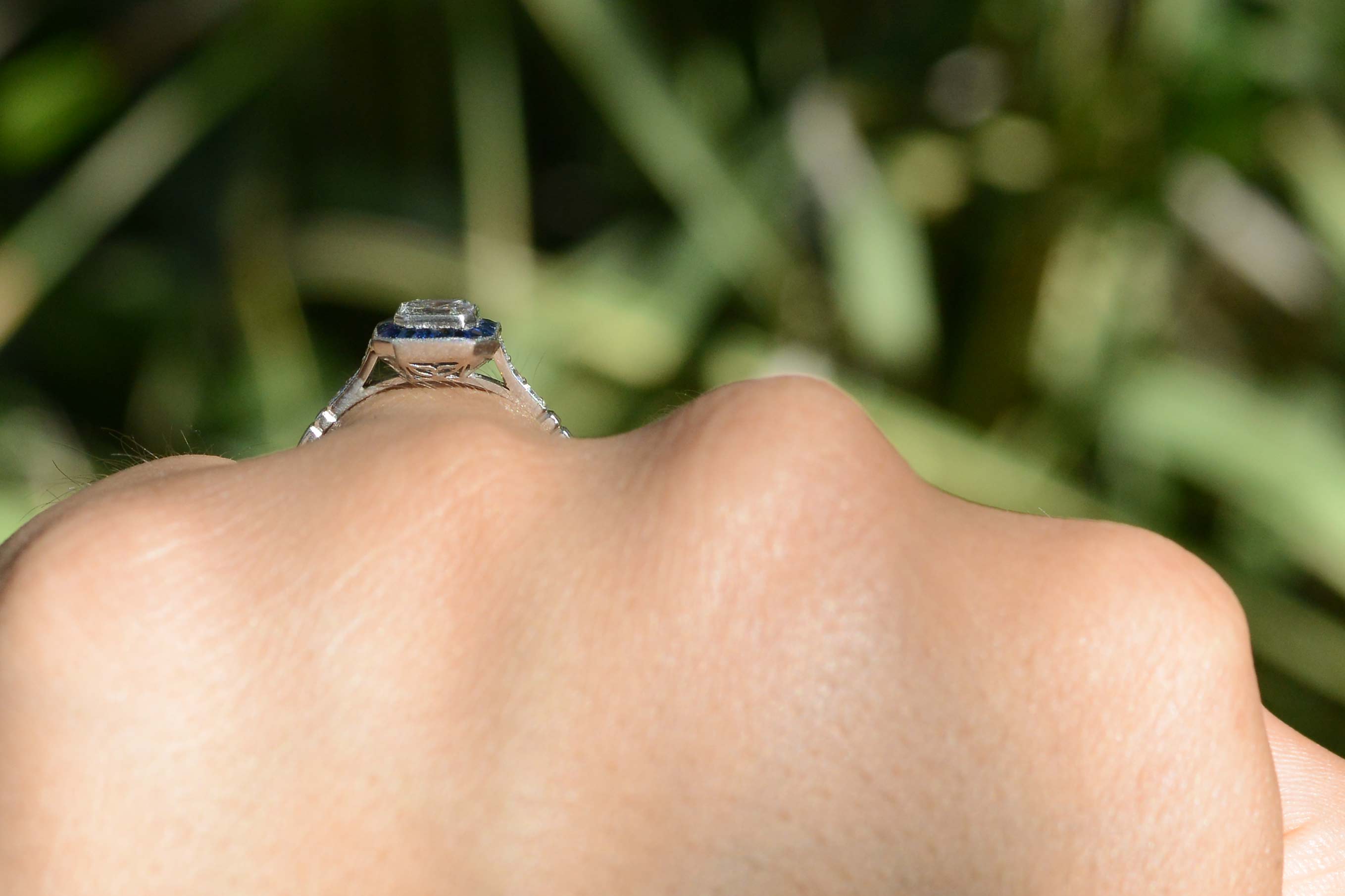 Asscher Cut Diamond and Sapphire Halo Engagement Ring
