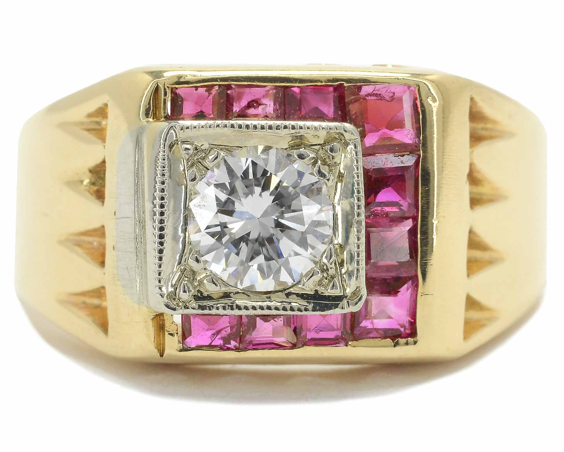 This ruby and diamond mens geometric unisex pinky ring was crafted in the retro period 1940's.