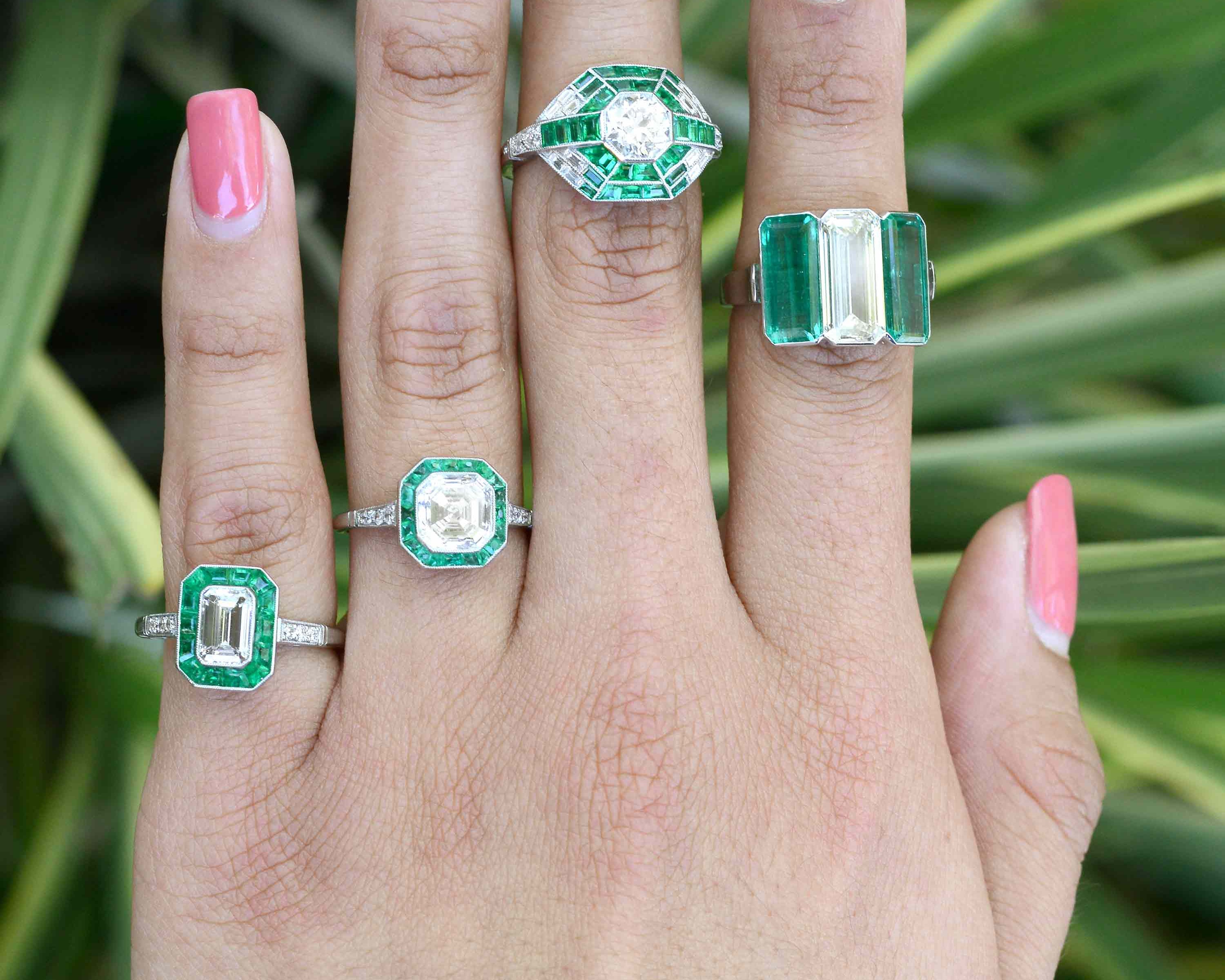 Some of our newly acquired diamond and emerald platinum wedding rings.