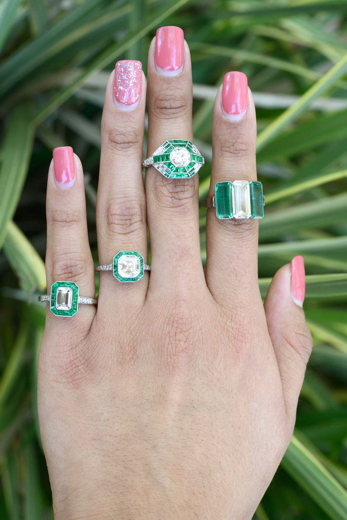 Some of our newly acquired diamond and emerald platinum wedding rings.