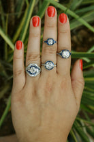 Some of our diamond & blue sapphire engagement rings from different eras.