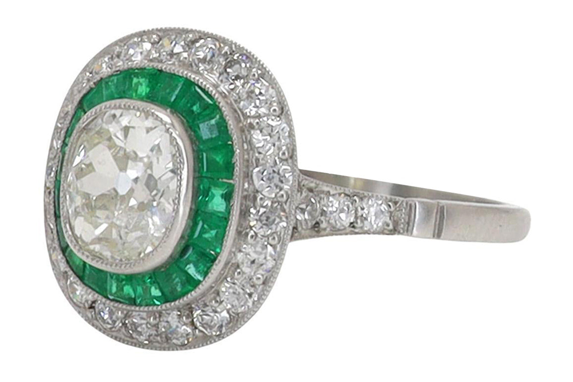 2.25 Carat Old Mine Cushion Diamond & Emerald Engagement Ring