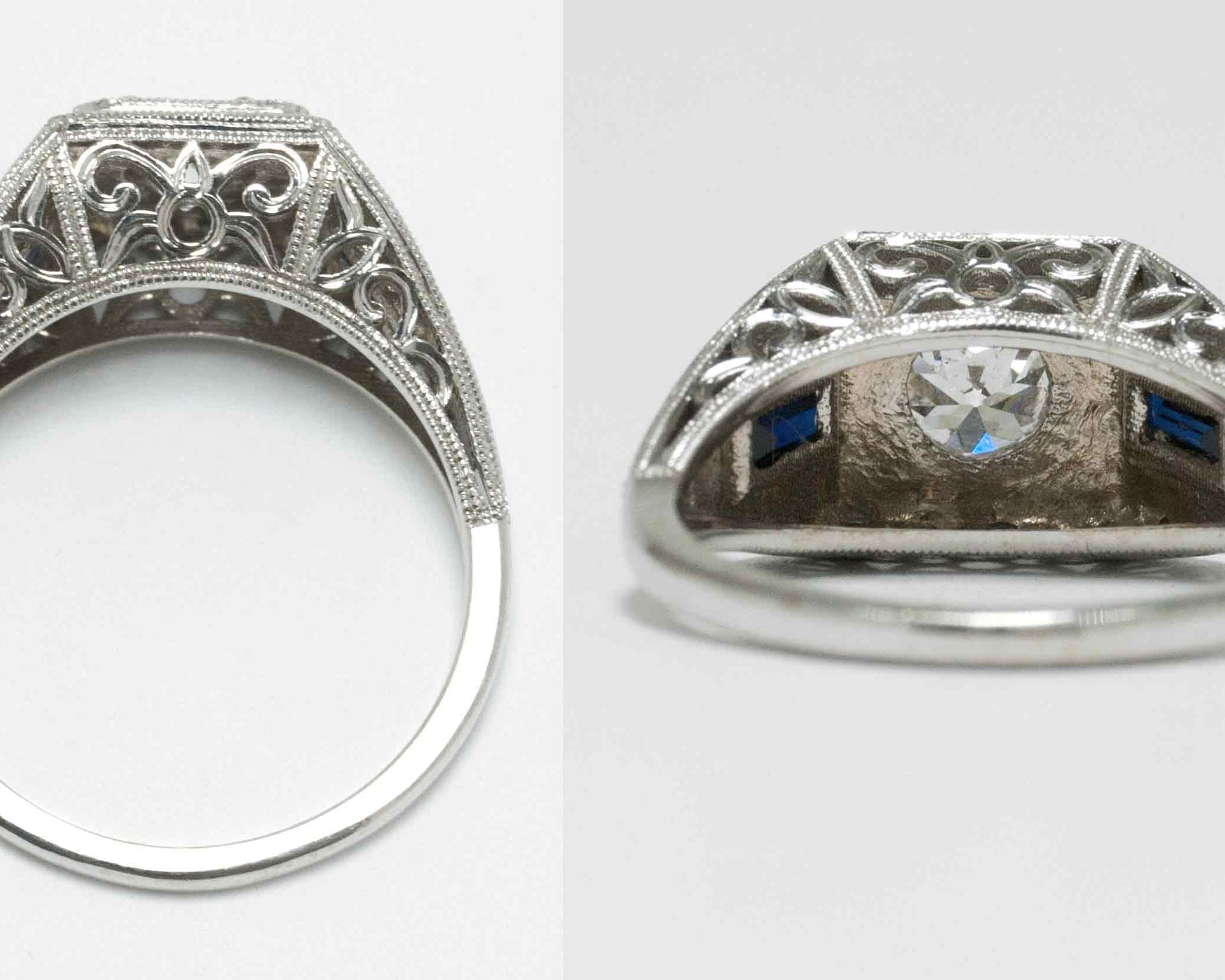 A 1950's Art Deco revival diamond sapphire engagement ring.
