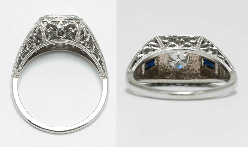 A 1950's Art Deco revival diamond sapphire engagement ring.