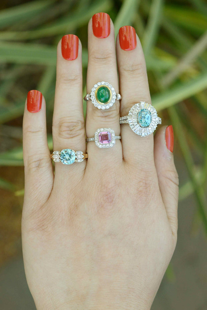 A few of our gemstone rings with the following gems; blue zircon, pink sapphire & emerald.