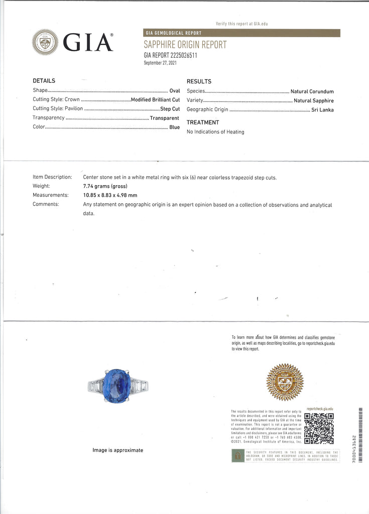 This nearly 5 carat oval blue sapphire comes with a GIA origin report.