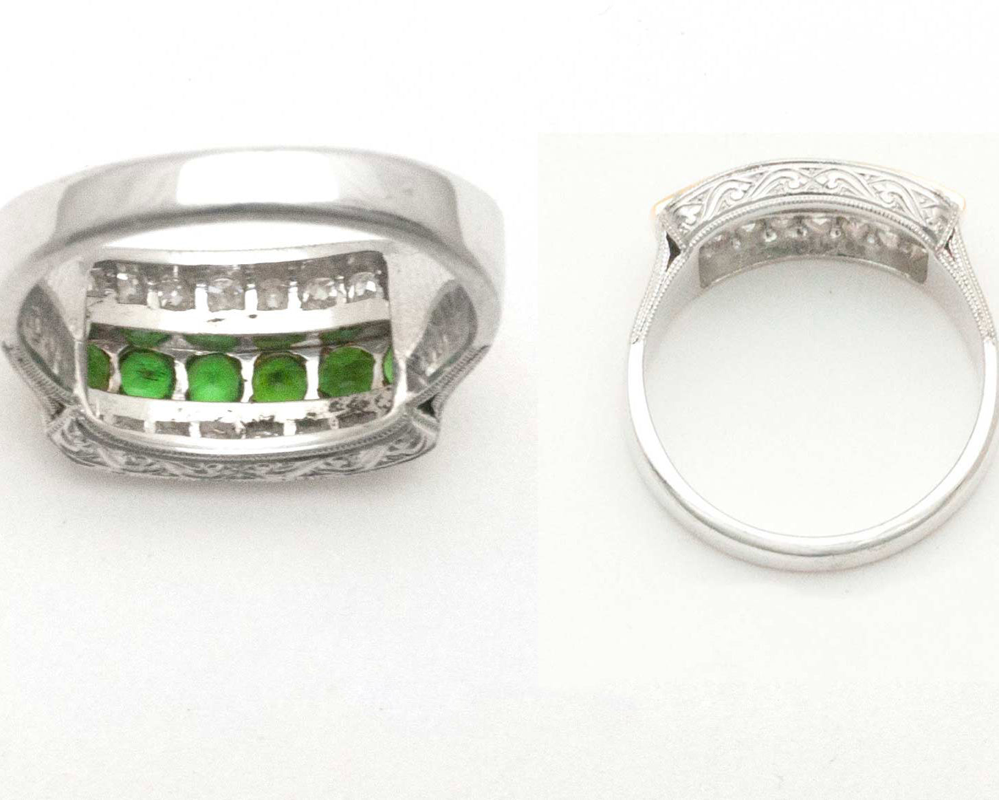 Green tsavorite antique anniversary band with diamond accents.