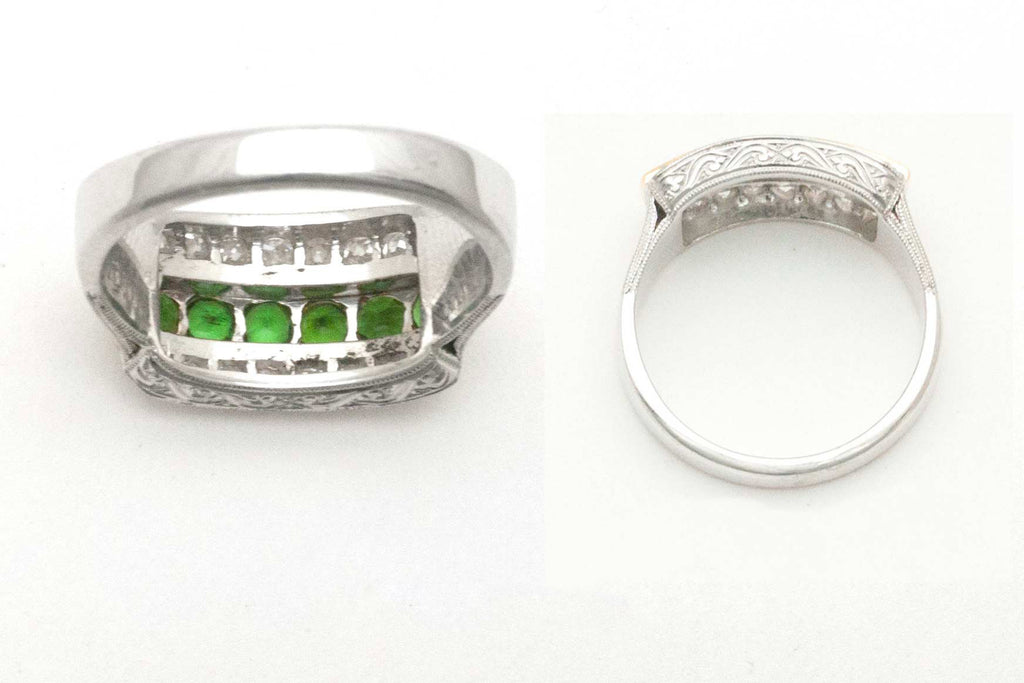Green tsavorite antique anniversary band with diamond accents.