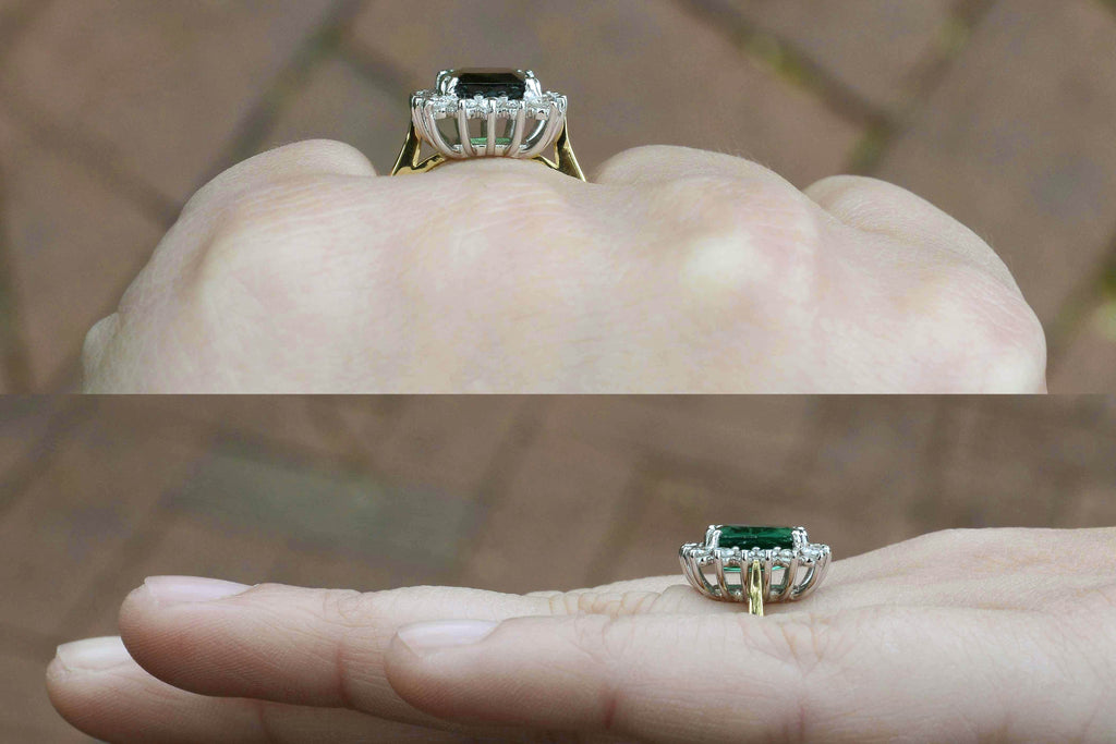 This contemporary tourmaline ring has an 18k white gold basket top.