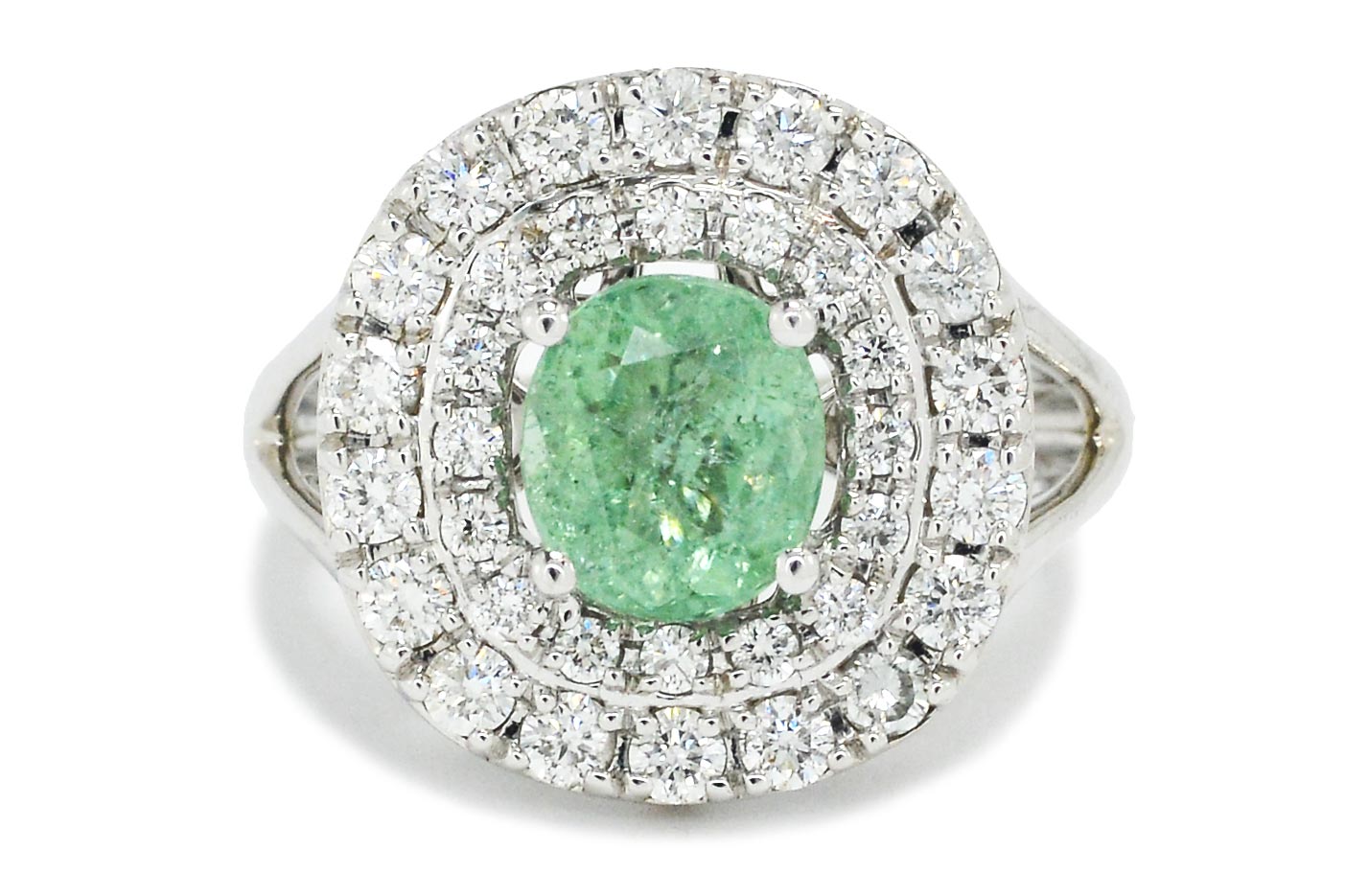 The Princeton Paraiba tourmaline engagement ring with a dazzling, double diamond halo.