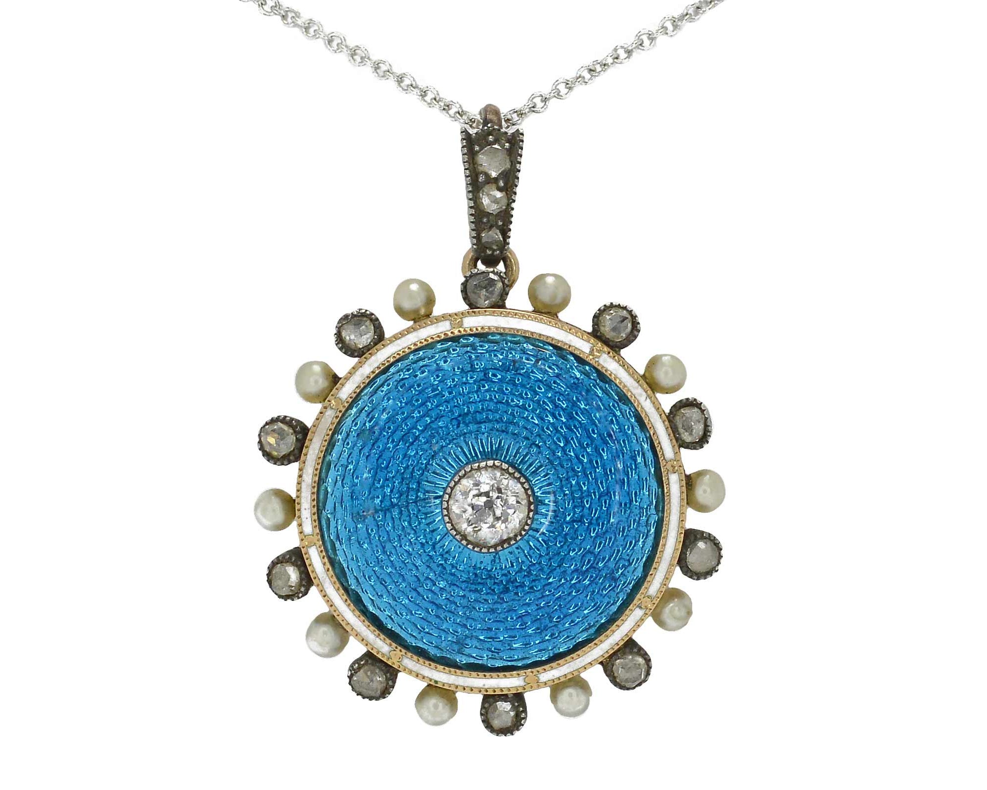 A Belle Epoque Faberge' style guilloche' enamel pendant necklace.