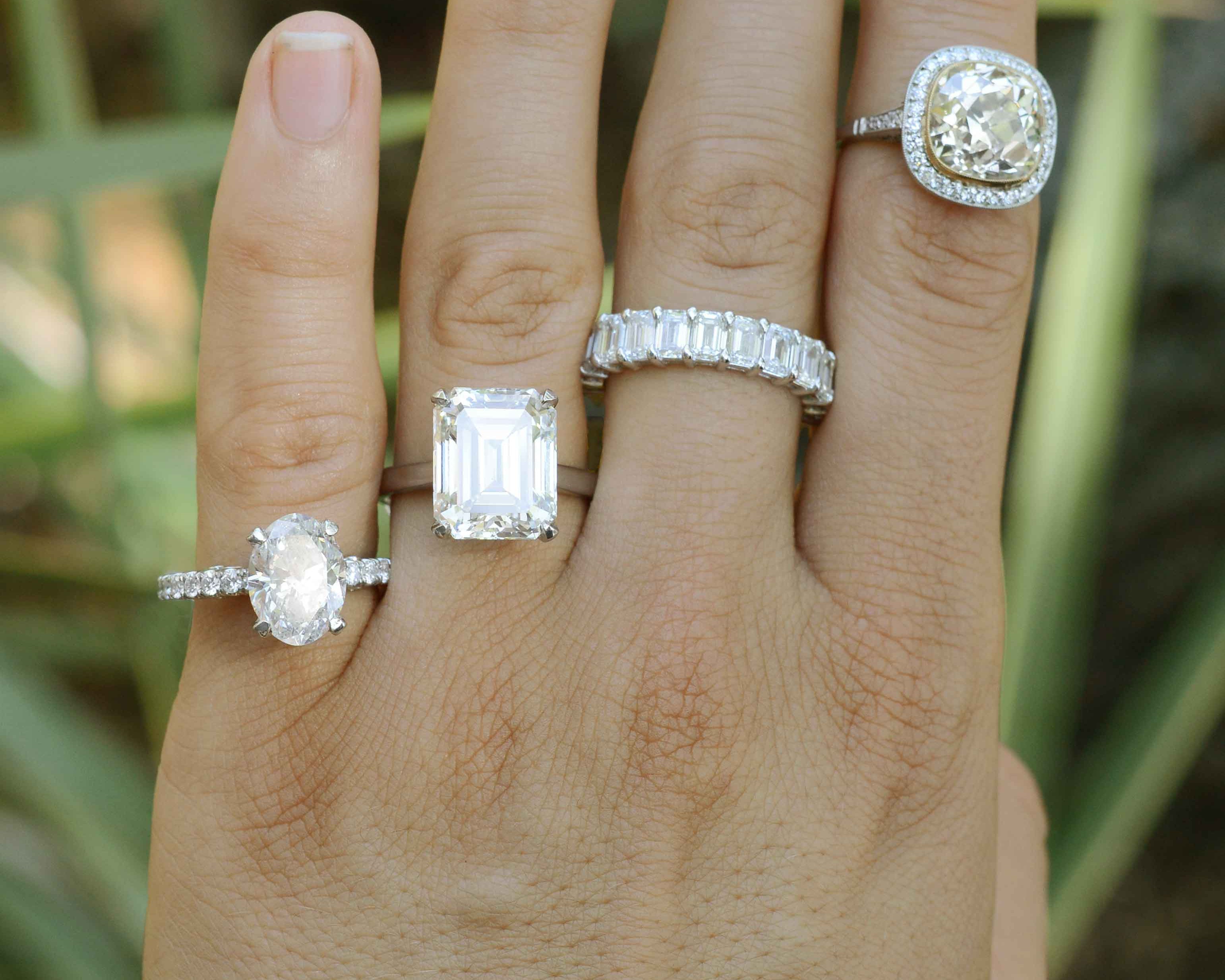 A colleciton of large diamond wedding and bridal rings.