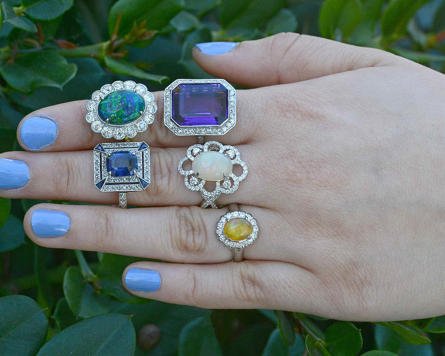 A couple of unique gemstone and diamond rings from our estate jewelry collection.