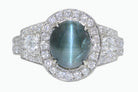 This engagement ring features a rare, color changing alexandrite gemstone.