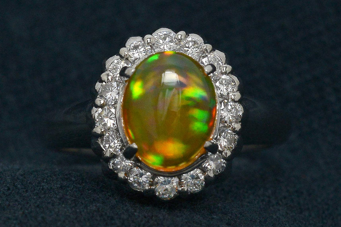 Modernist 2.32 Carat Crystal Jelly Opal & Diamond Halo Engagement Ring
