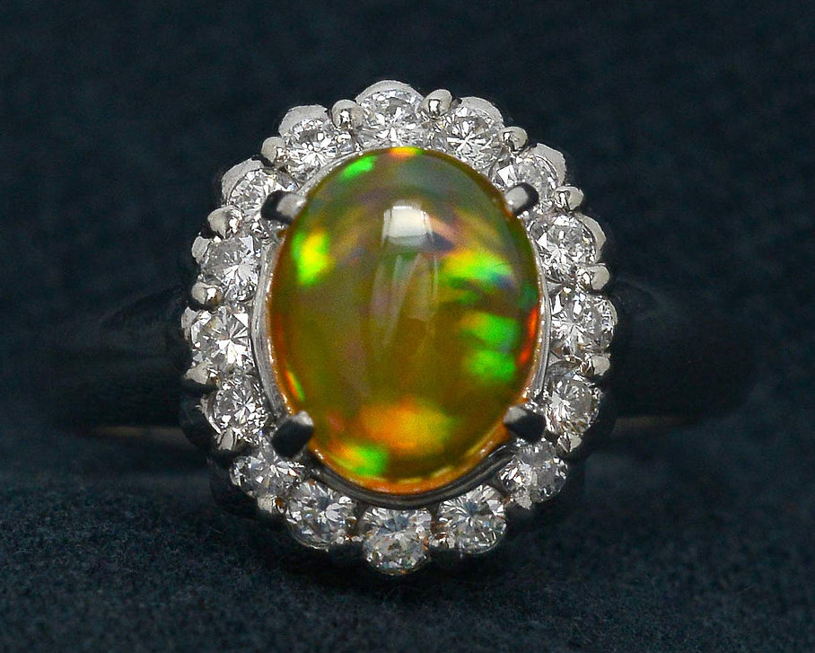 Modernist 2.32 Carat Crystal Jelly Opal & Diamond Halo Engagement Ring