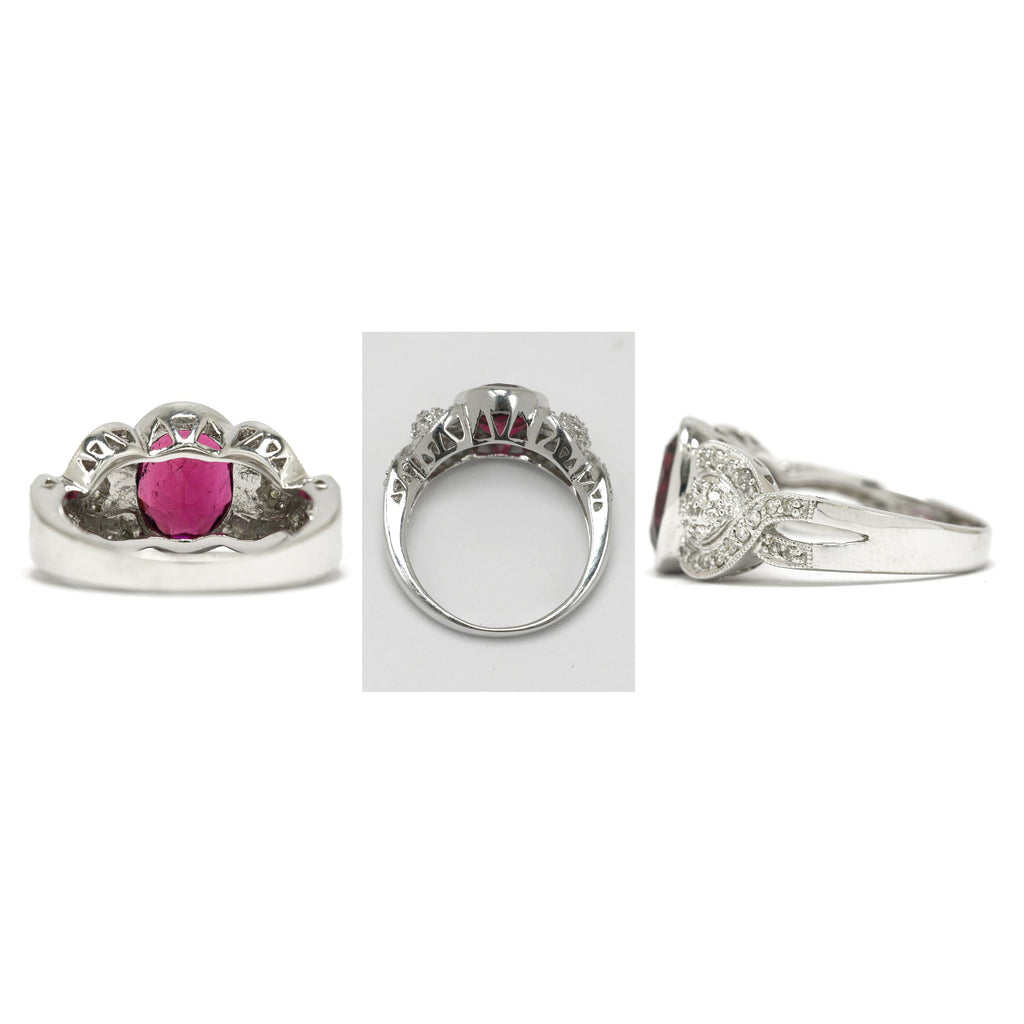 A cross over band with a pink tourmaline and diamonds.