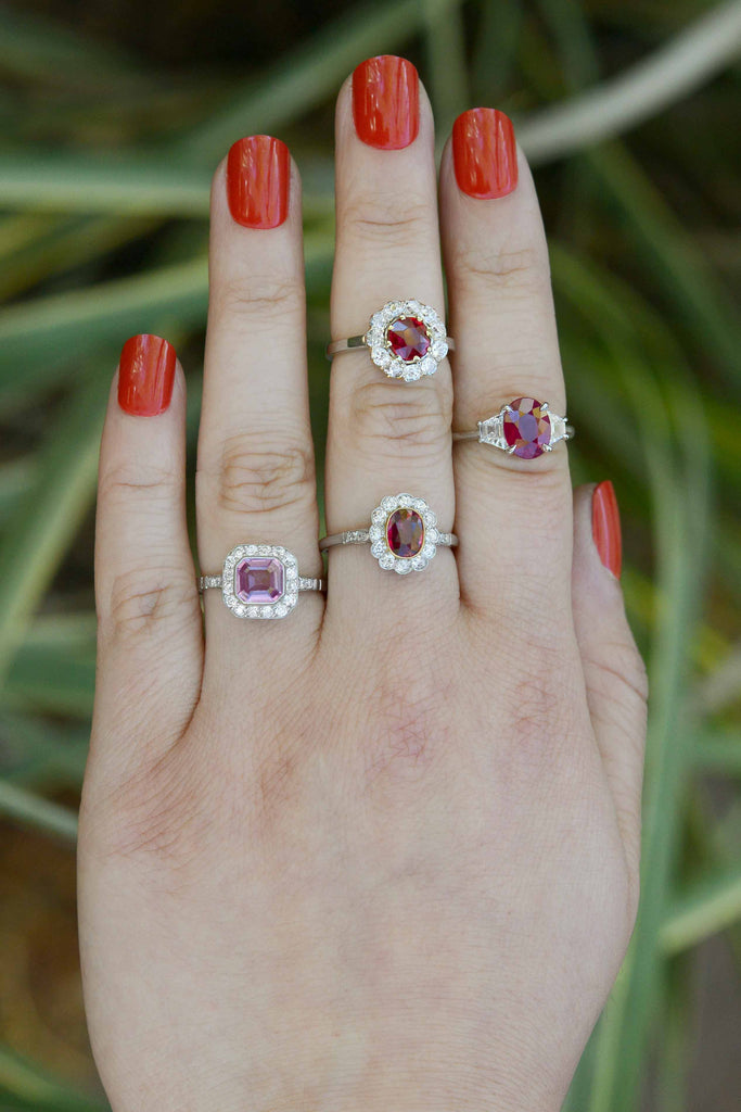 A few of our ruby and pink sapphire engagement rings.