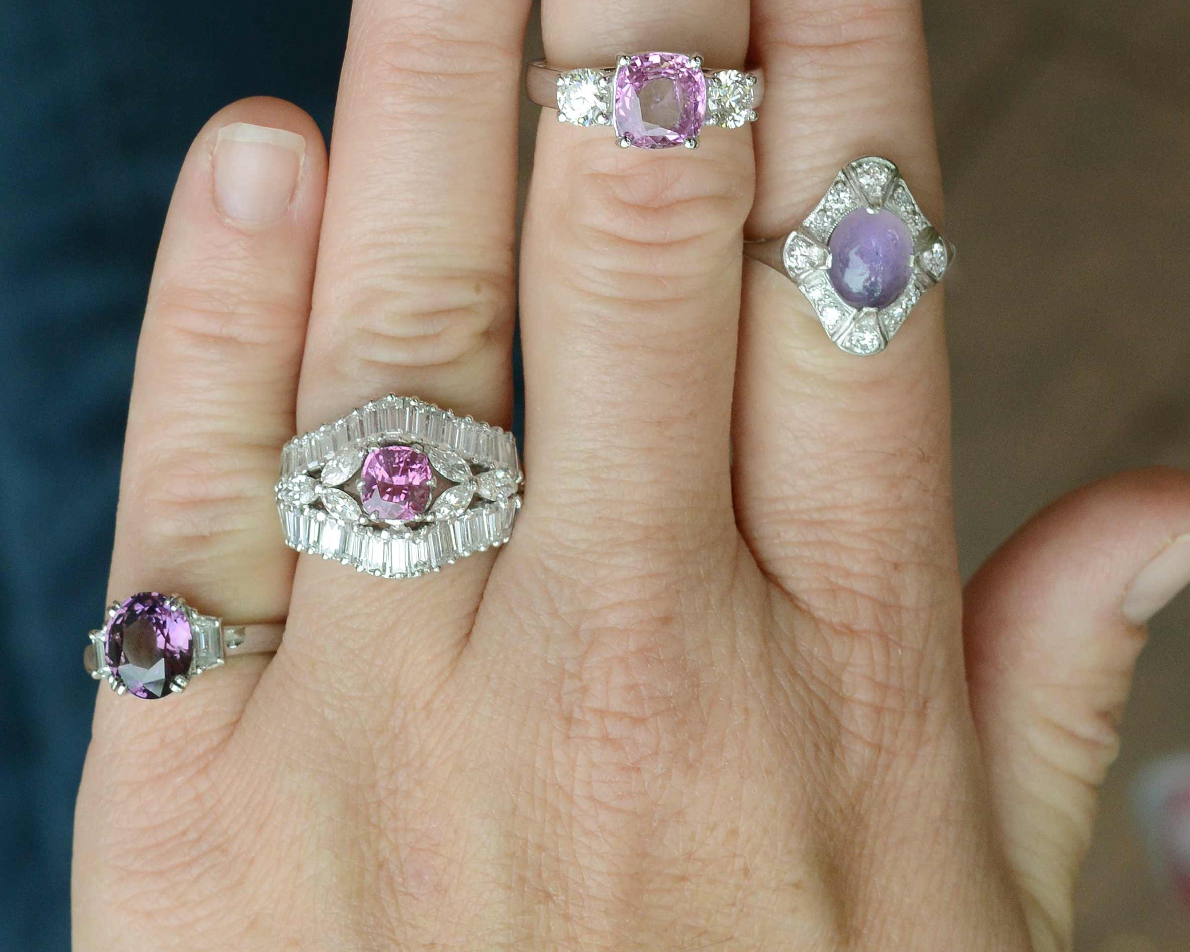 Pinkish purple sapphire with diamonds, 3 stone engagement rings.