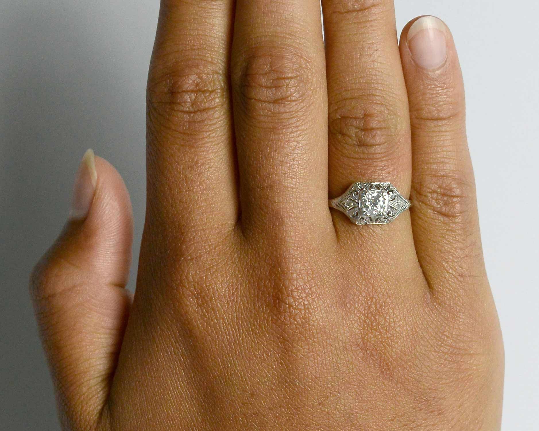 Half carat old european diamond rectangular engagement ring.