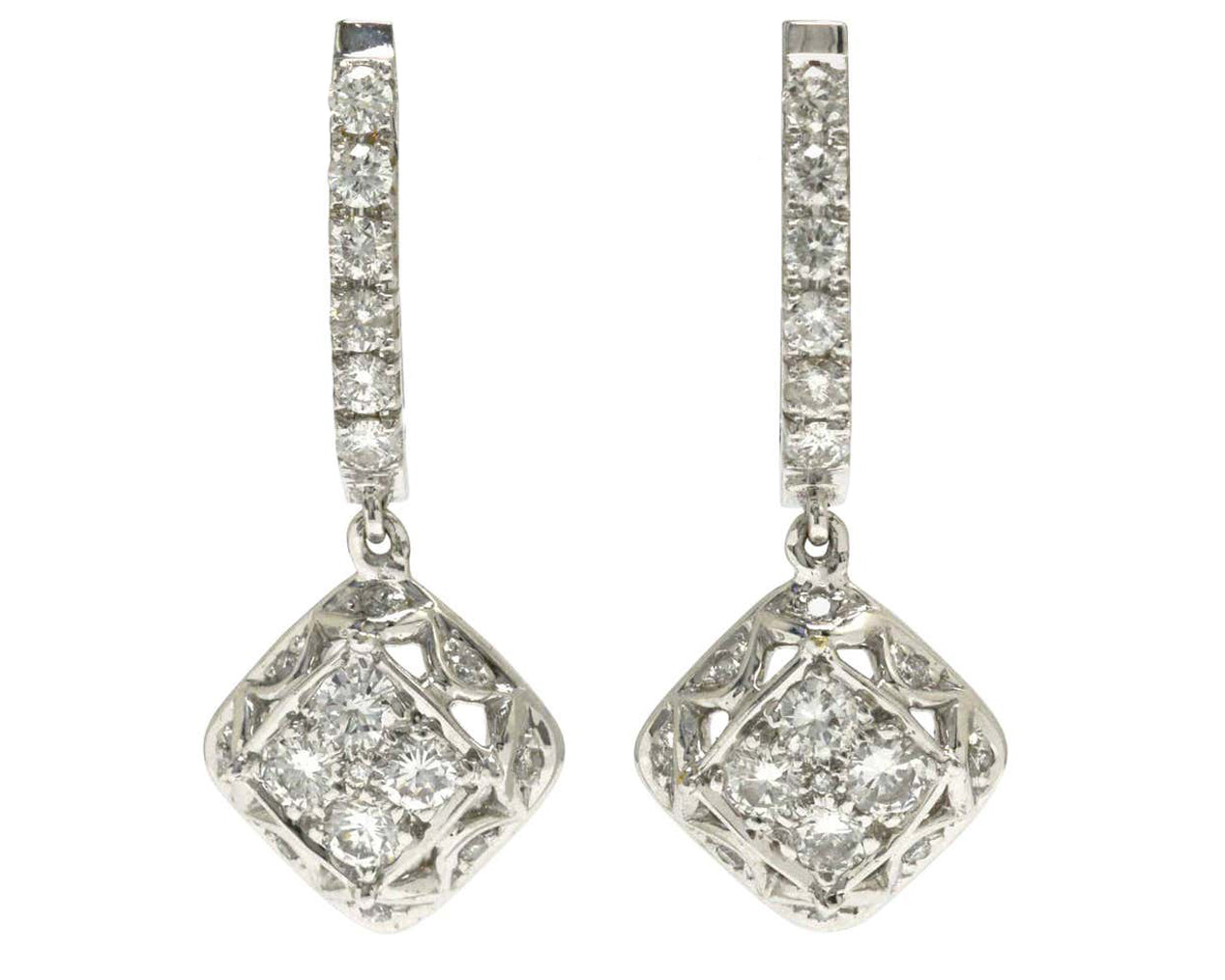 At over 1 carat, these diamond shaped dangle earrings are unique.