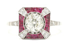 Square diamond Art Deco engagement ring design with rubies.