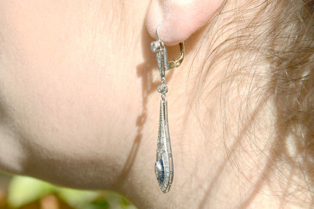 Teardrop shape, Art Deco inspired diamond blue sapphire earrings.