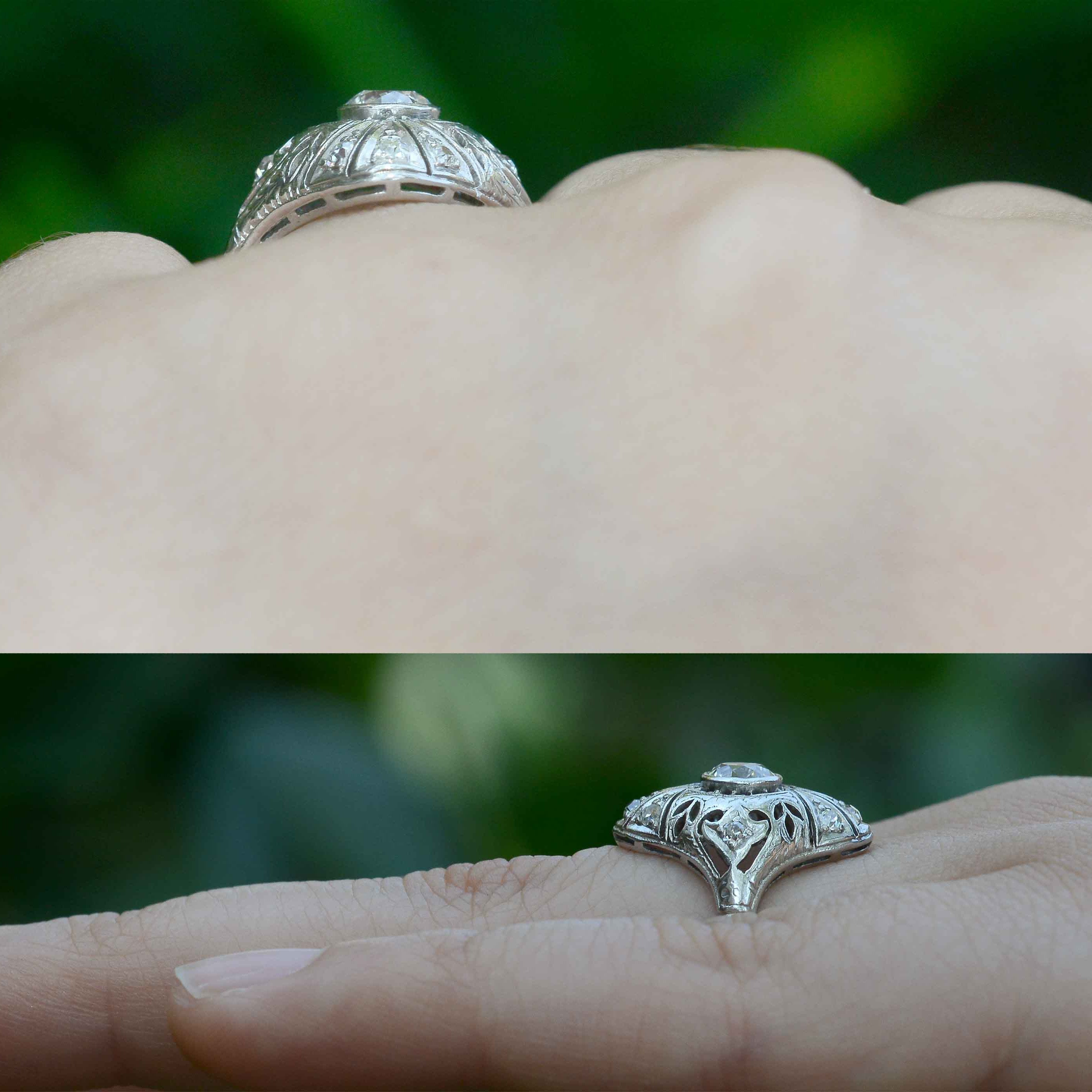 A long navette diamonds Art Deco shield ring.