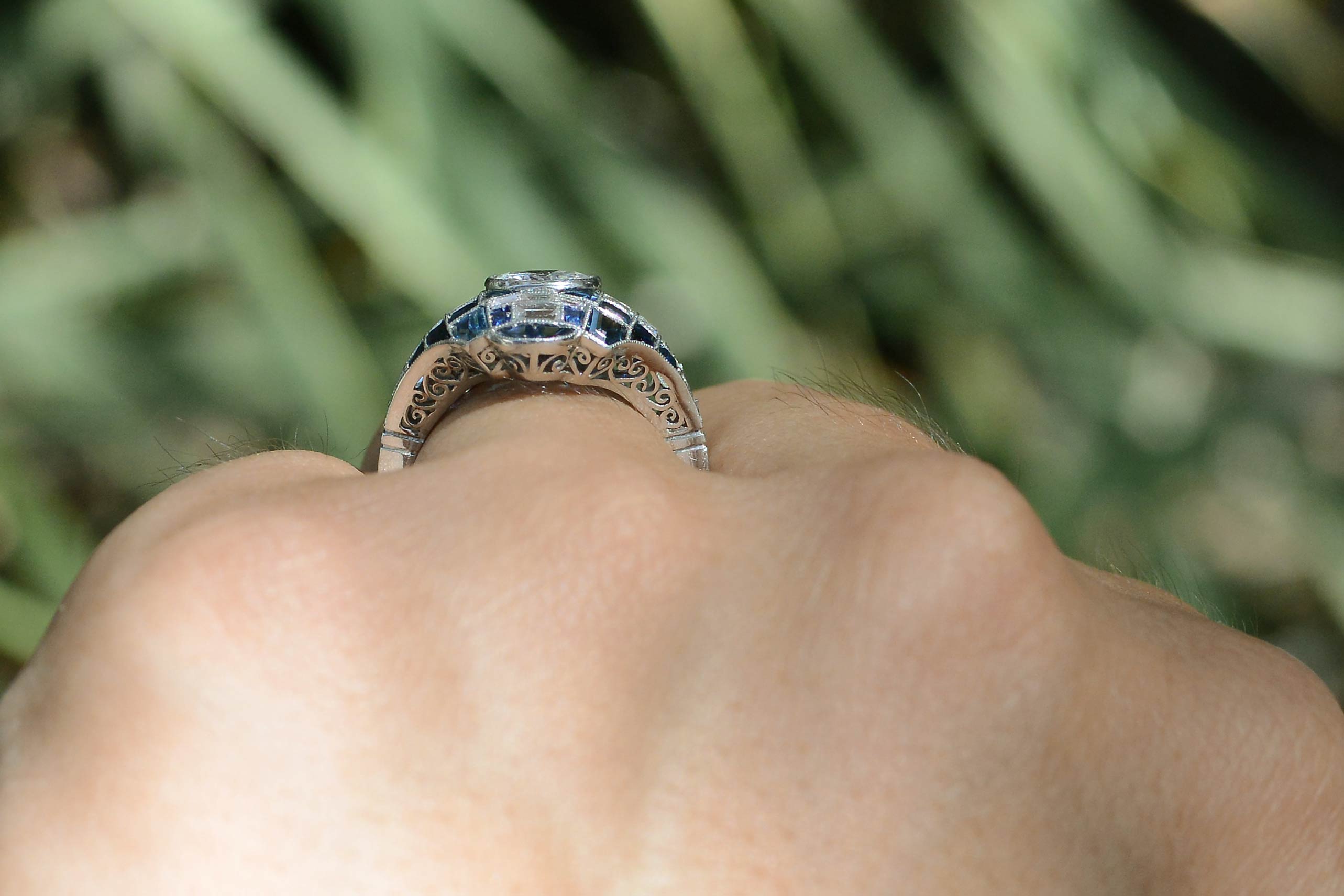 Art Deco Style Sapphire Diamond Dome Engagement Ring