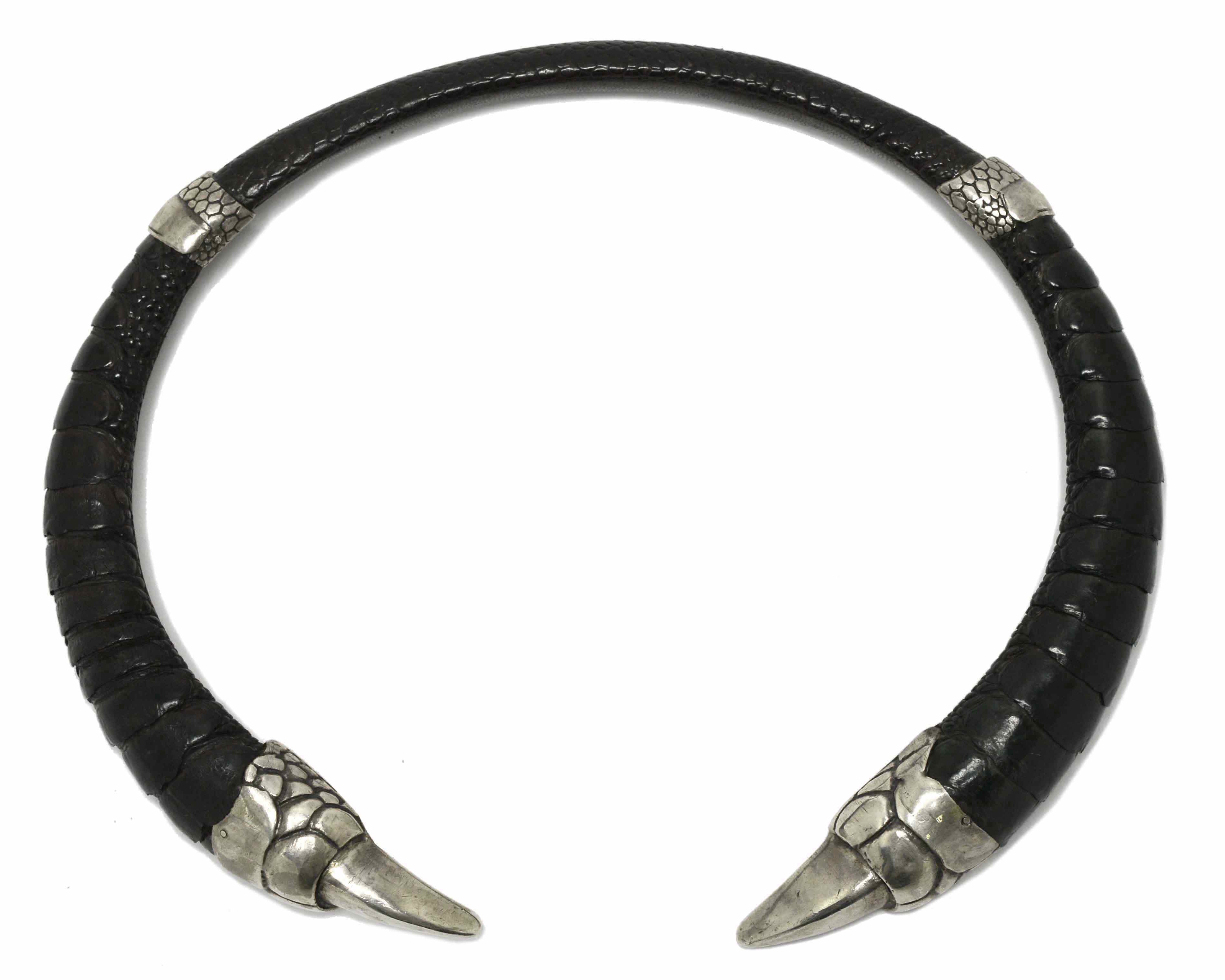 A new sterling silver claw statement necklace with black leather.
